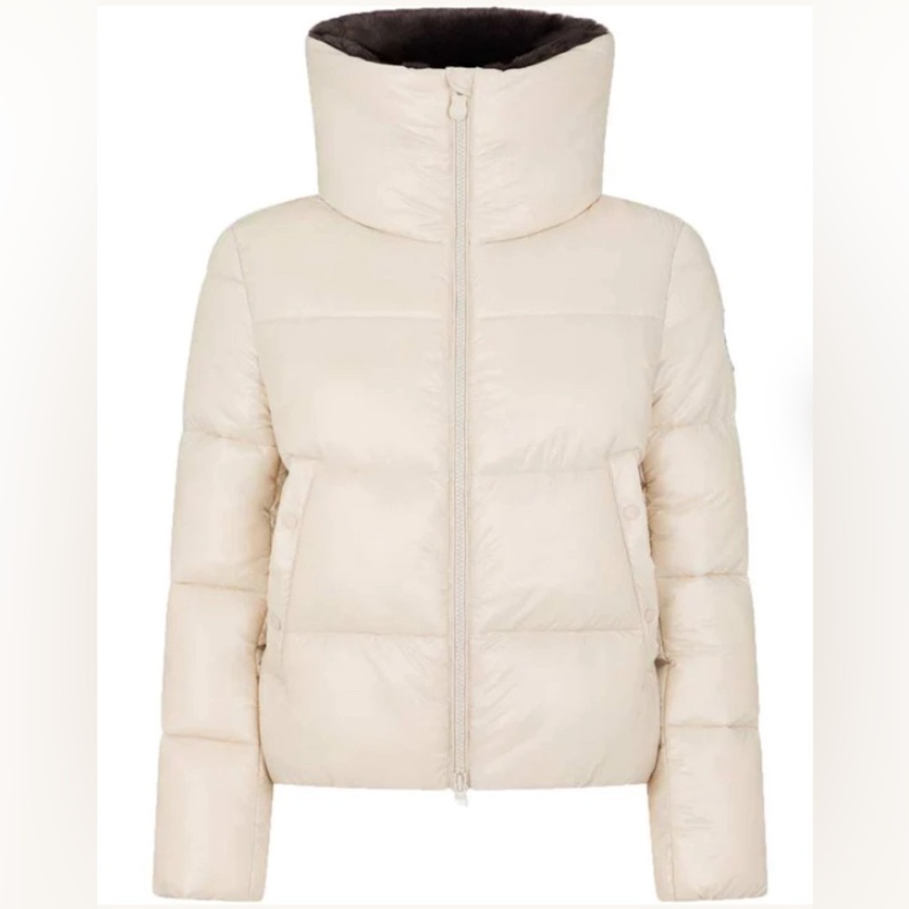 NWT Save The Duck Moma Puffer Jacket with Faux Fur Collar in Rainy Beige
